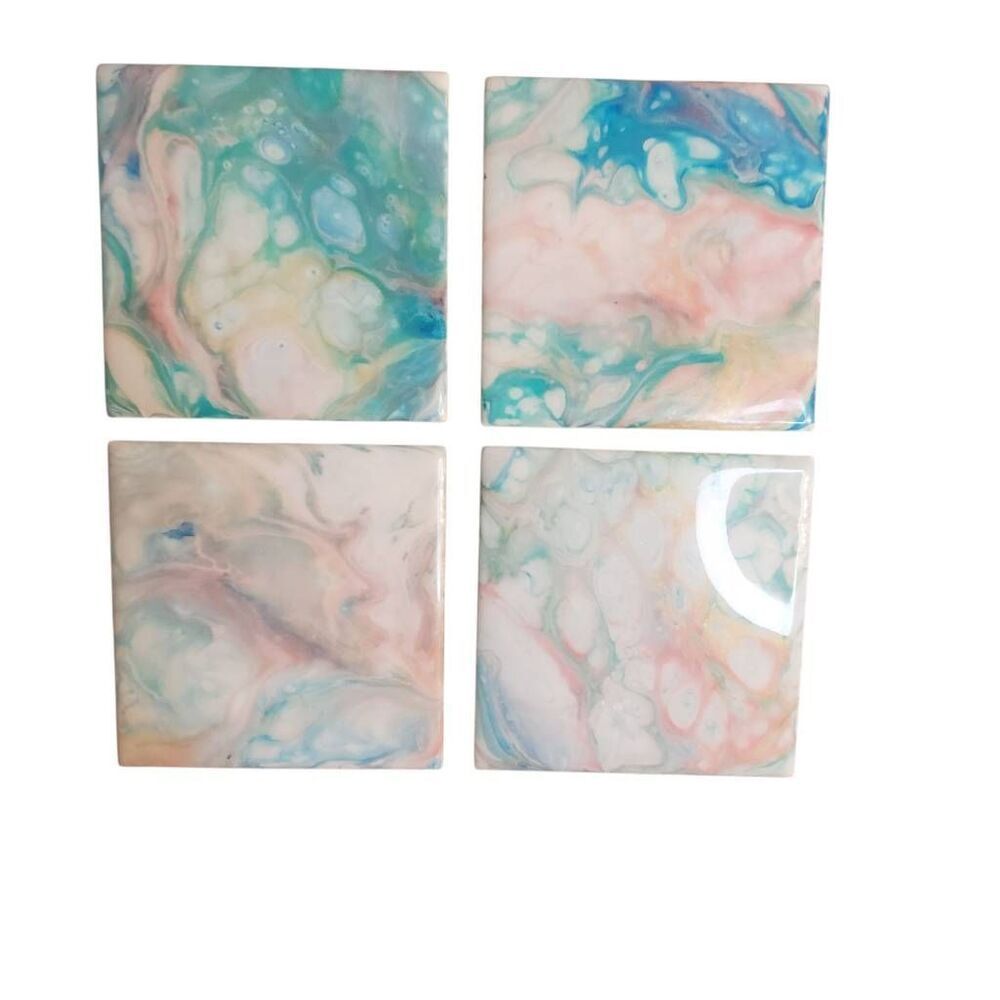 Set of Four 4 1/2" X 4 1/2" Ocean Inspired Hand Painted Ceramic Coasters